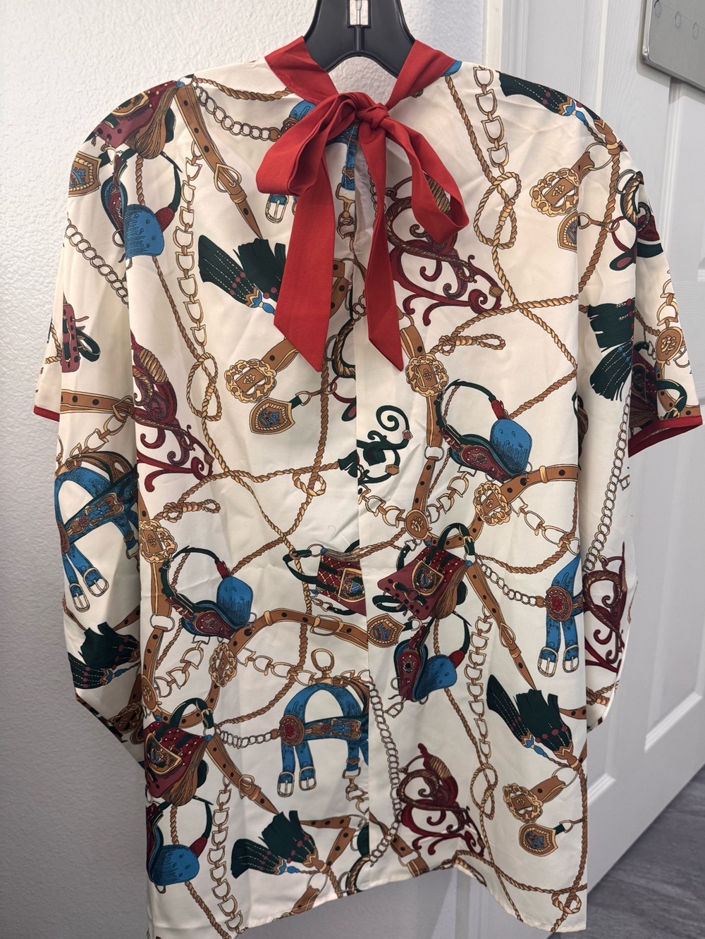 Cream Chain & Equine Print Blouse with Red Neck Tie